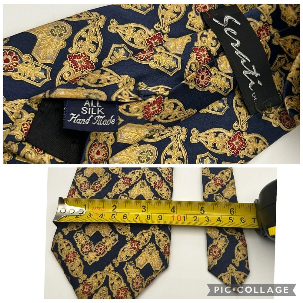 Serati Mens Silk Tie Navy Blue Gold Red Baroque Medallion Handmade Geometric 4in